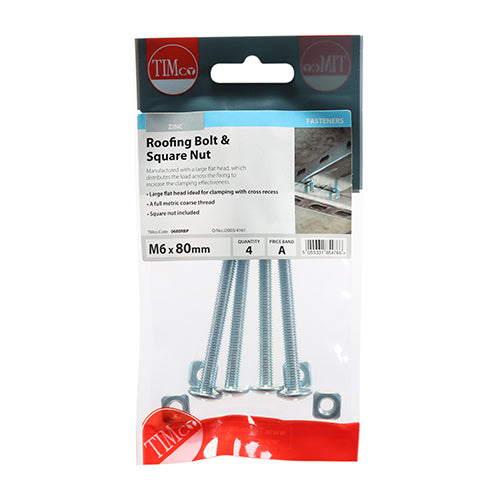 4 x TIMCO Roofing Bolts & Square Nuts Silver - M6 x 80