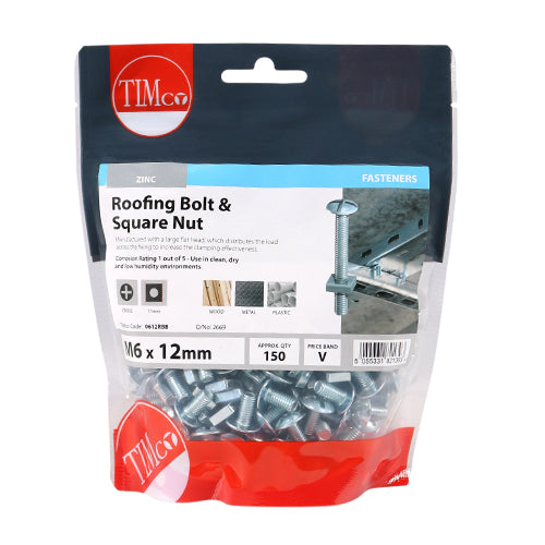 150 x TIMCO Roofing Bolts & Square Nuts Silver - M6 x 12