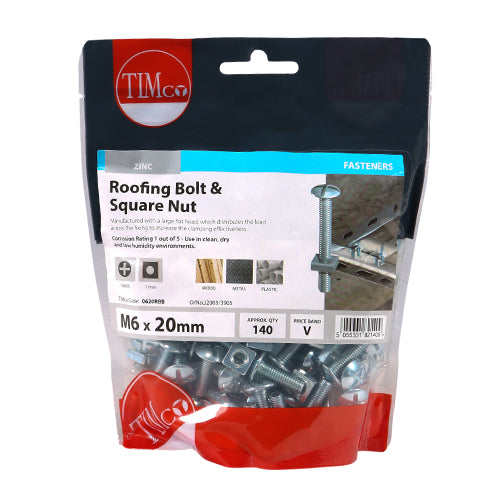 140 x TIMCO Roofing Bolts & Square Nuts Silver - M6 x 20