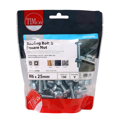 130 x TIMCO Roofing Bolts & Square Nuts Silver - M6 x 25