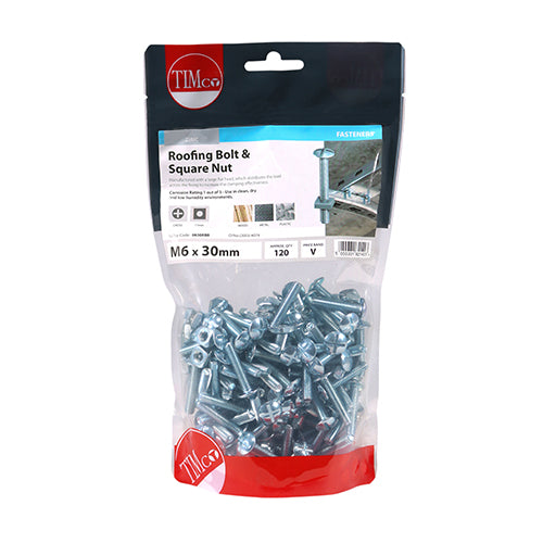 120 x TIMCO Roofing Bolts & Square Nuts Silver - M6 x 30