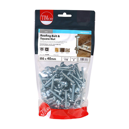 110 x TIMCO Roofing Bolts & Square Nuts Silver - M6 x 40