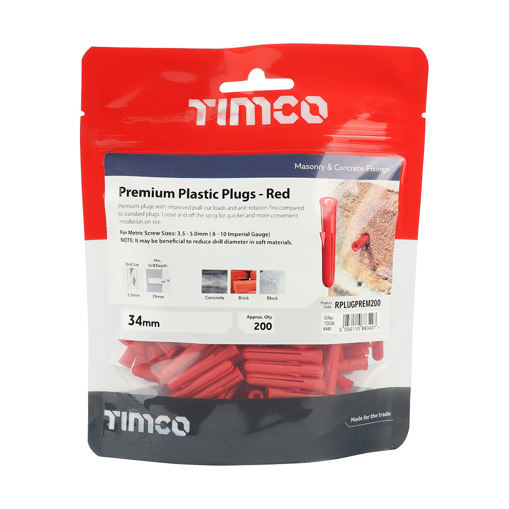 200 x TIMCO Red Premium Plastic Plugs - 34mm