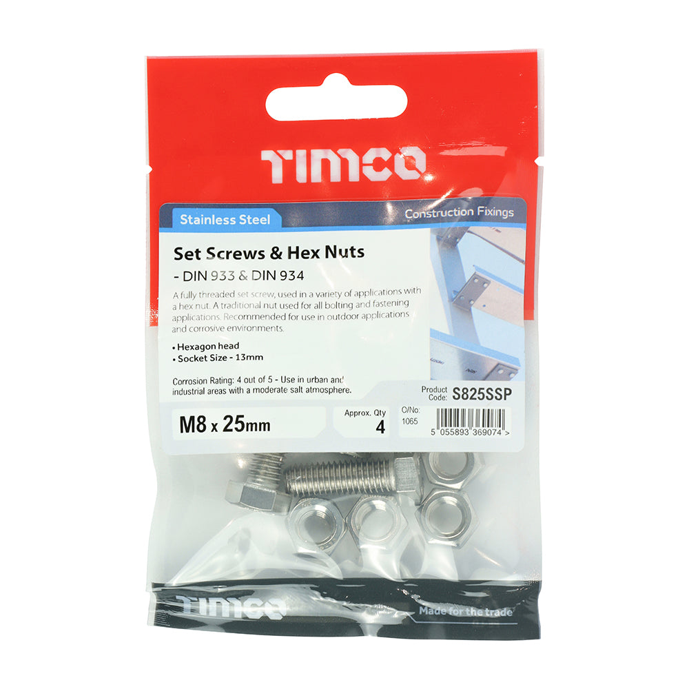 4 x TIMCO Set Screws DIN933 Hex & Nut DIN934 Silver A2 Stainless Steel - M8 x 25