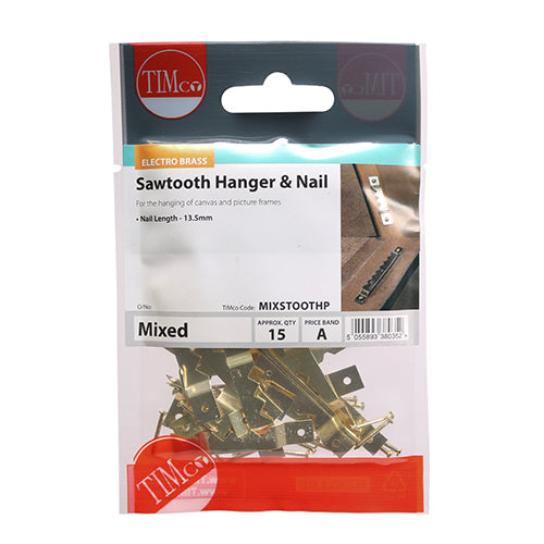 15 x TIMCO Mixed Sawtooth Hangers and Nails Electro Brass - 41mm & 63mm