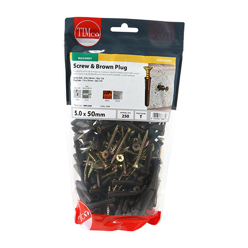 125 x TIMCO Brown Premium Plastic Plugs With Twin-Threaded Countersunk Silver Woodscrews - 35mm Brown Plug, 5.0x50 Screw