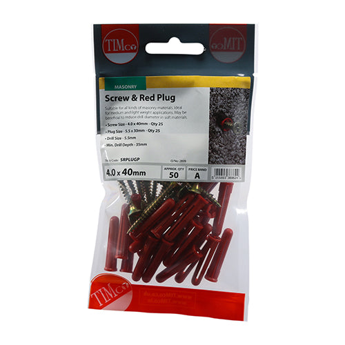 25 x TIMCO Red Plastic Plugs with Screws - 30mm Red Plug, 4.0x40 Screw