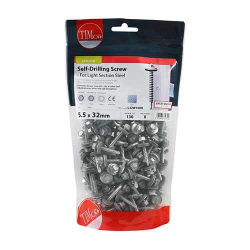 130 x TIMCO Self-Drilling Light Section Screws Exterior Silver with EPDM Washer - 5.5 x 32