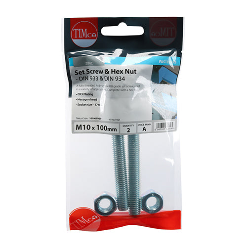 Pair of - TIMCO Set Screws DIN933 Grade 8.8 & Hex Nut DIN934 Silver - M10 x 100