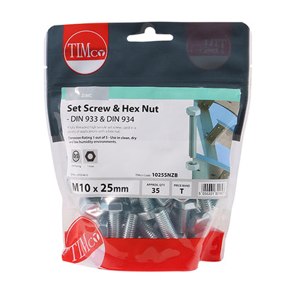 35 x TIMCO Set Screws DIN933 Grade 8.8 & Hex Nut DIN934 Silver - M10 x 25