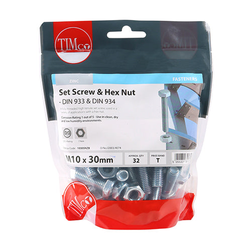 32 x TIMCO Set Screws DIN933 Grade 8.8 & Hex Nut DIN934 Silver - M10 x 30