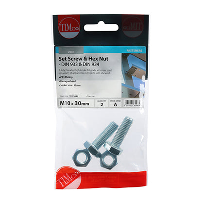 Pair of - TIMCO Set Screws DIN933 Grade 8.8 & Hex Nut DIN934 Silver - M10 x 30