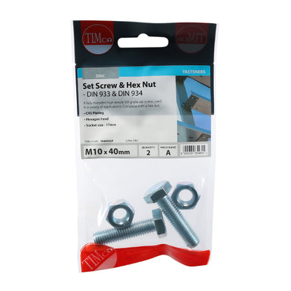 Pair of - TIMCO Set Screws DIN933 Grade 8.8 & Hex Nut DIN934 Silver - M10 x 40