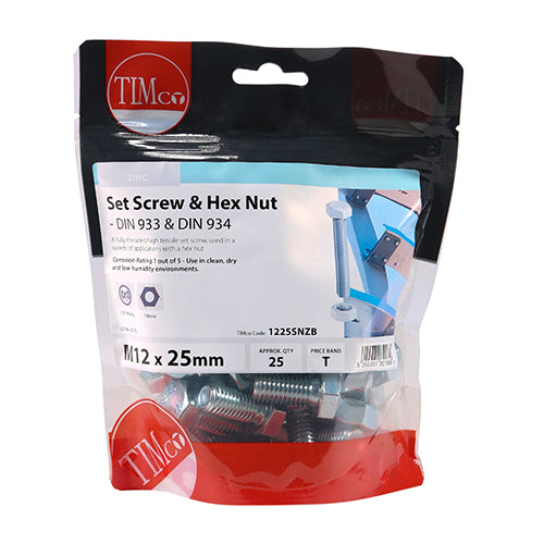 25 x TIMCO Set Screws DIN933 Grade 8.8 & Hex Nut DIN934 Silver - M12 x 25