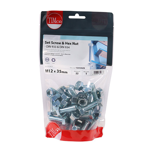 22 x TIMCO Set Screws DIN933 Grade 8.8 & Hex Nut DIN934 Silver - M12 x 35