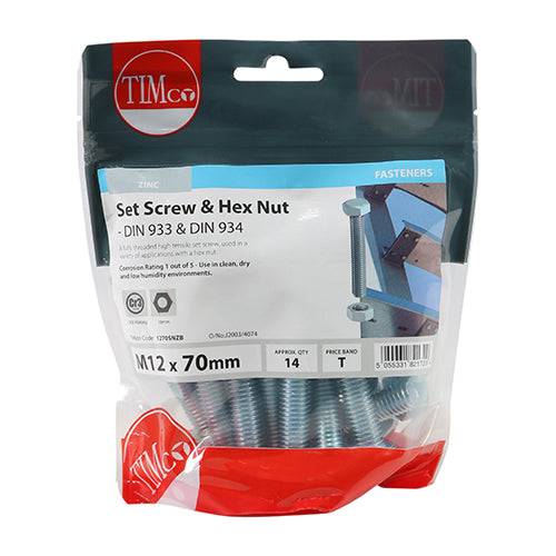 14 x TIMCO Set Screws DIN933 Grade 8.8 & Hex Nut DIN934 Silver - M12 x 70