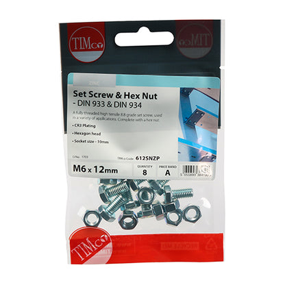 8 x TIMCO Set Screws DIN933 Grade 8.8 & Hex Nut DIN934 Silver - M6 x 12