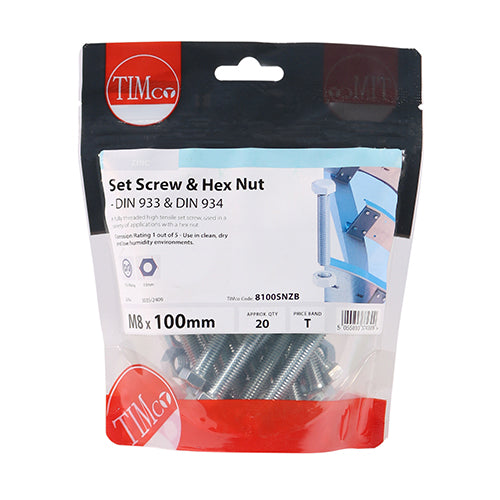 20 x TIMCO Set Screws DIN933 Grade 8.8 & Hex Nut DIN934 Silver - M8 x 100