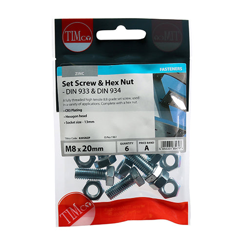 6 x TIMCO Set Screws DIN933 Grade 8.8 & Hex Nut DIN934 Silver - M8 x 20