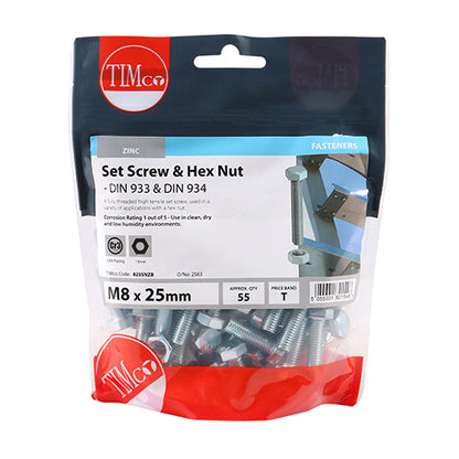 55 x TIMCO Set Screws DIN933 Grade 8.8 & Hex Nut DIN934 Silver - M8 x 25