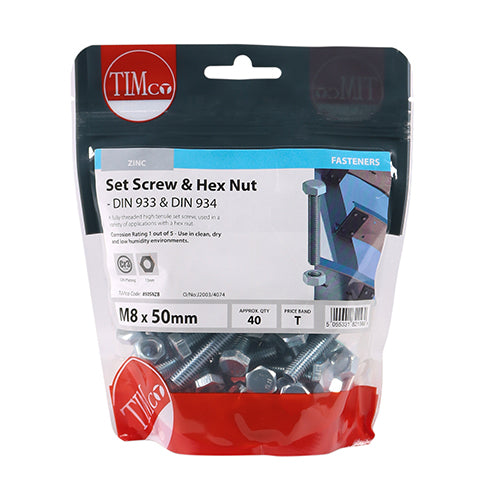 40 x TIMCO Set Screws DIN933 Grade 8.8 & Hex Nut DIN934 Silver - M8 x 50