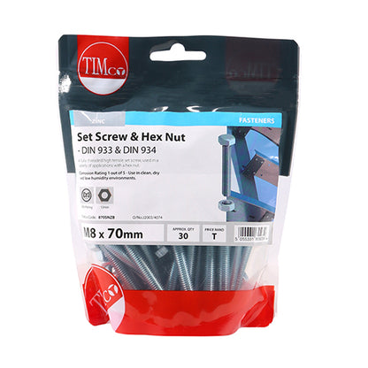 30 x TIMCO Set Screws DIN933 Grade 8.8 & Hex Nut DIN934 Silver - M8 x 70