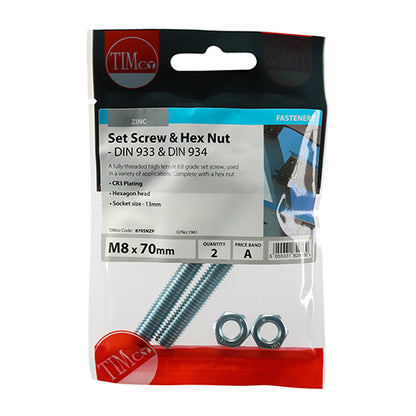 Pair of - TIMCO Set Screws DIN933 Grade 8.8 & Hex Nut DIN934 Silver - M8 x 70