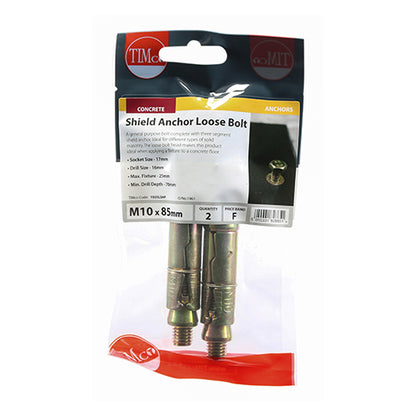 Pair of - TIMCO Shield Anchors Loose Bolt Gold - M10:25L (M10 x 85)