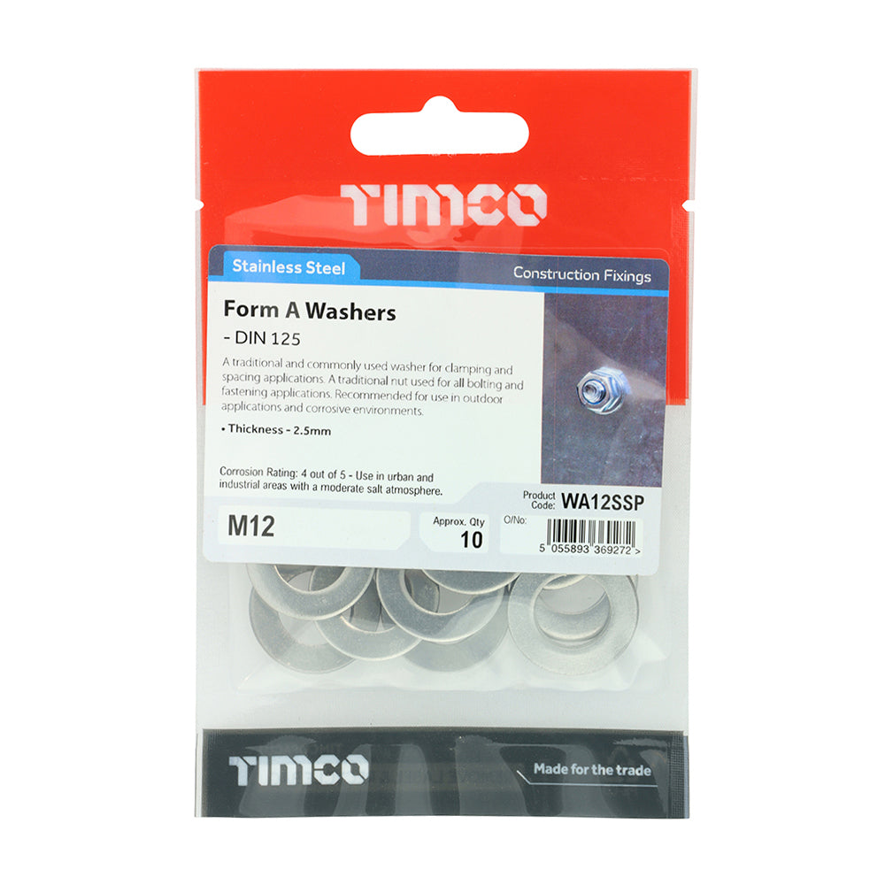 10 x TIMCO Form A Washers DIN125-A A2 Stainless Steel - M12