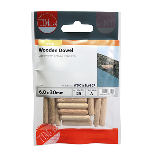 25 x TIMCO Wooden Dowels - 6.0 x 30