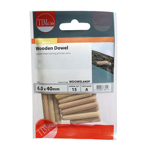 15 x TIMCO Wooden Dowels - 6.0 x 40