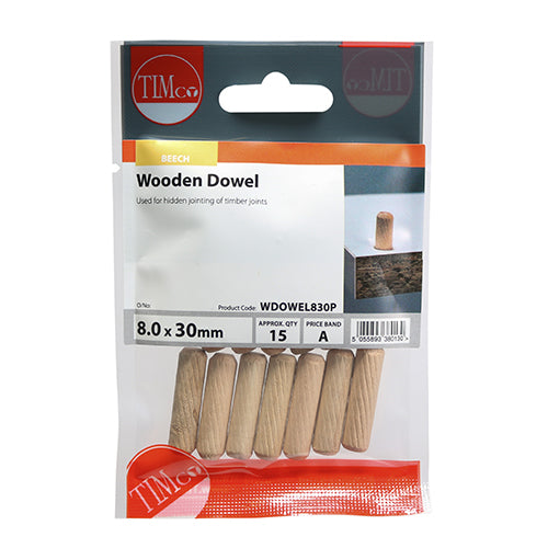 15 x TIMCO Wooden Dowels - 8.0 x 30