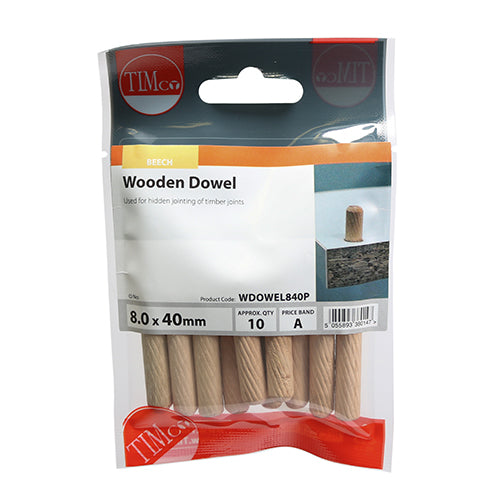 10 x TIMCO Wooden Dowels - 8.0 x 40