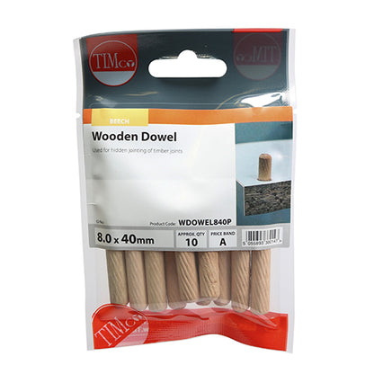 10 x TIMCO Wooden Dowels - 8.0 x 40