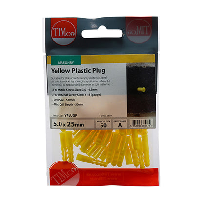 50 x TIMCO Yellow Plastic Plugs - 25mm