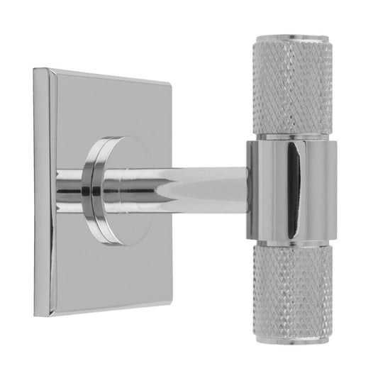 KNURLED T-BAR KNOB ON SQUARE BACKPLATE - POLISHED CHROME -