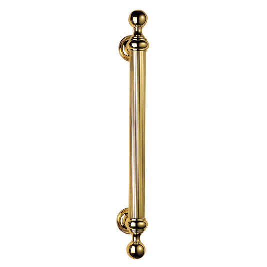 PULL HANDLE REEDED GRIP (ORNATE) ON ROSE - POLISHED BRASS - 500MM