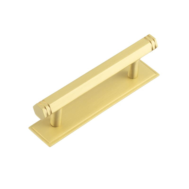 Hoxton Nile Cabinet Handles 96mm Ctrs Stepped Backplate Satin Brass - Satin Brass - 96mm Ctrs