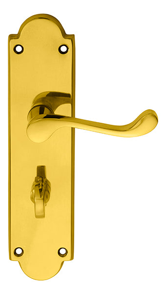 VICTORIAN SCROLL LEVER ON SHAPED BACKPLATE - BATHROOM 57MM C/C - POLISHED BRASS - 205 x 49mm