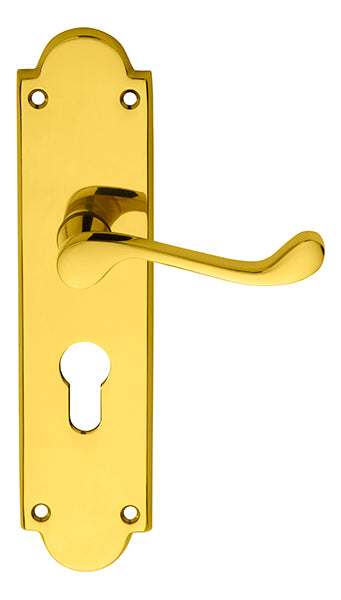 VICTORIAN SCROLL LEVER ON SHAPED BACKPLATE - LOCK EURO PROFILE 47.5MM C/C - POLISHED BRASS - 205 x 49mm