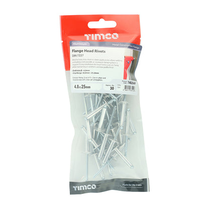 30 x TIMCO Rivets Flange Head Aluminium - 4.8 x 25