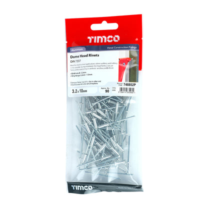 90 x TIMCO Rivets Dome Head Aluminium - 3.2 x 10