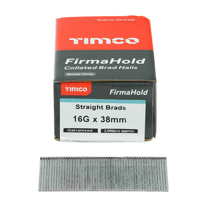 2000 x TIMCO FirmaHold Collated 16 Gauge Straight Galvanised Brad Nails - 16g x 38