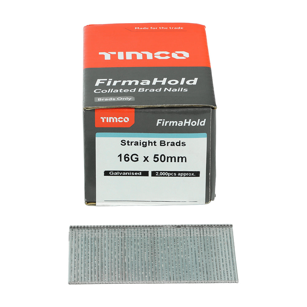 2000 x TIMCO FirmaHold Collated 16 Gauge Straight Galvanised Brad Nails - 16g x 50