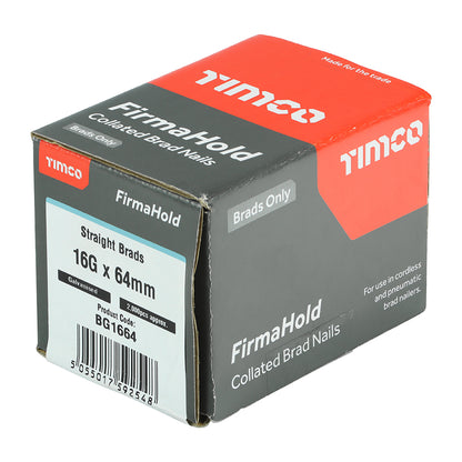 2000 x TIMCO FirmaHold Collated 16 Gauge Straight Galvanised Brad Nails - 16g x 64