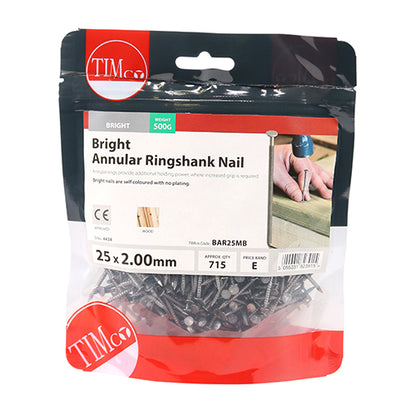 0.5kg - TIMCO Annular Ringshank Nails Bright - 25 x 2.00