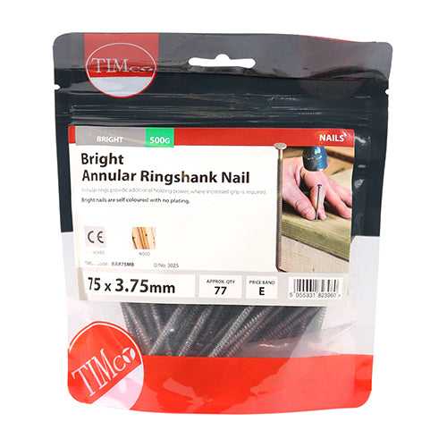 0.5kg - TIMCO Annular Ringshank Nails Bright - 75 x 3.75