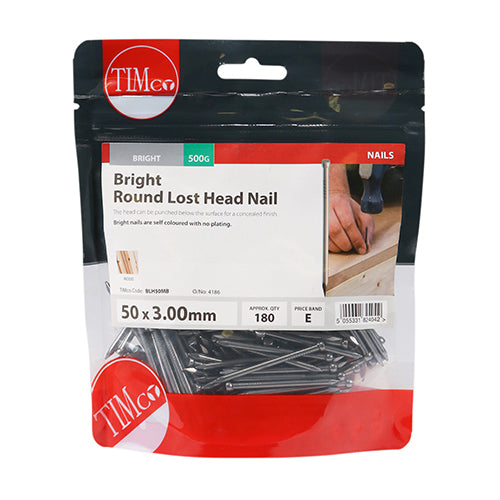 0.5kg - TIMCO Round Lost Head Nails Bright - 50 x 3.00