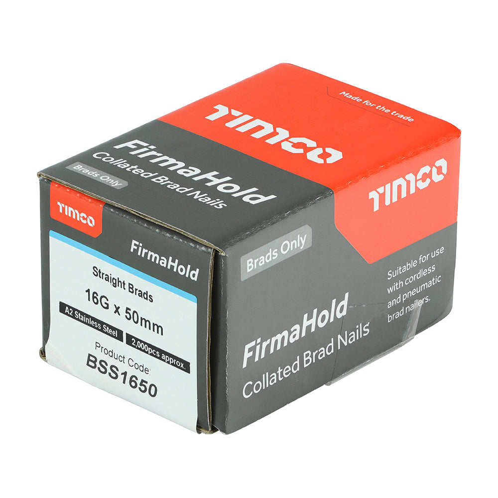 2000 x TIMCO FirmaHold Collated 16 Gauge Straight A2 Stainless Steel Brad Nails - 16g x 50