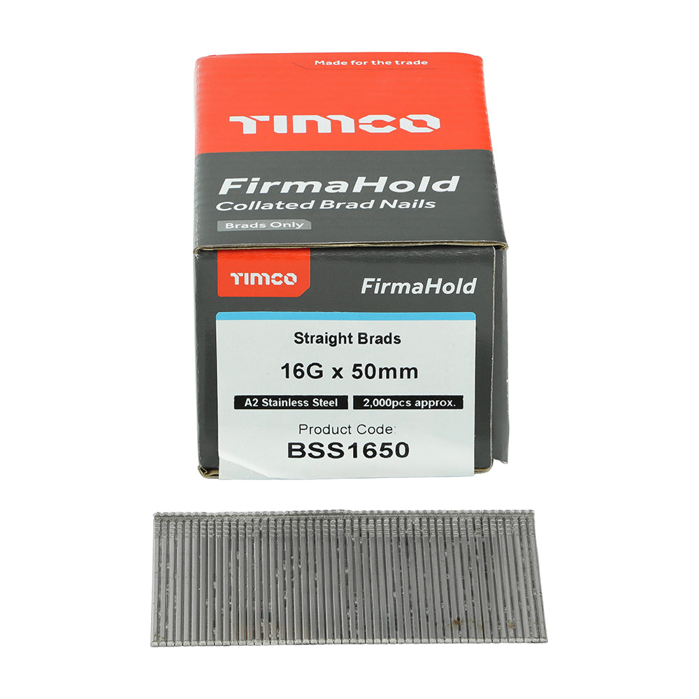 2000 x TIMCO FirmaHold Collated 16 Gauge Straight A2 Stainless Steel Brad Nails - 16g x 50